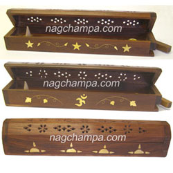 INCENSE COFFIN BOX BURNER Carved Brass Inlay- with Free Incense