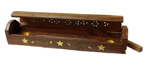INCENSE COFFIN BOX BURNER Carved Brass Inlay- with Free Incense