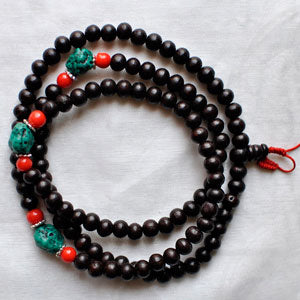 ROSEWOOD, TURQUOISE AND CORAL BEADS 108 beads necklace 
