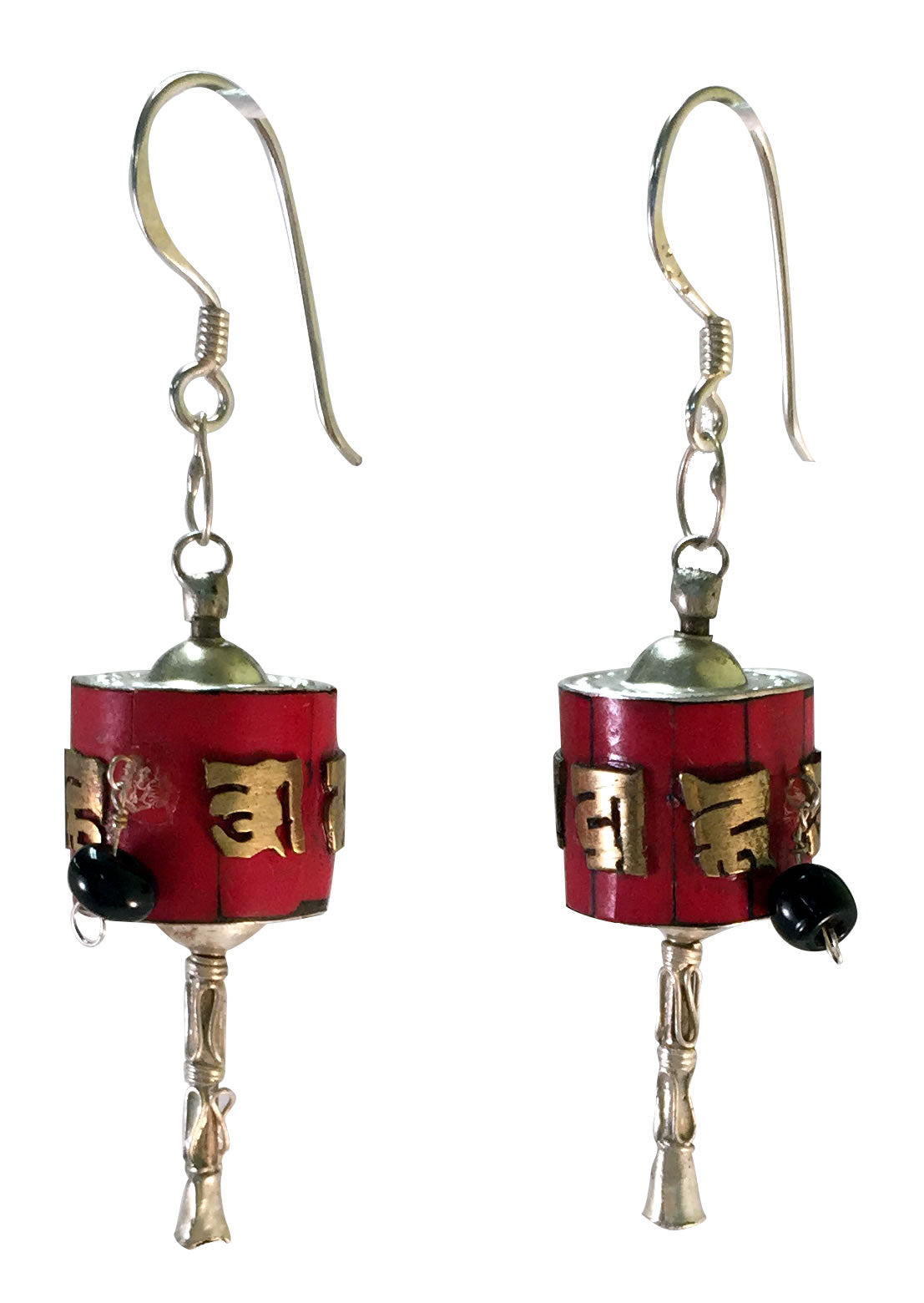 TIBETAN PRAYER WHEEL EARRINGS Sterling Silver with Coral