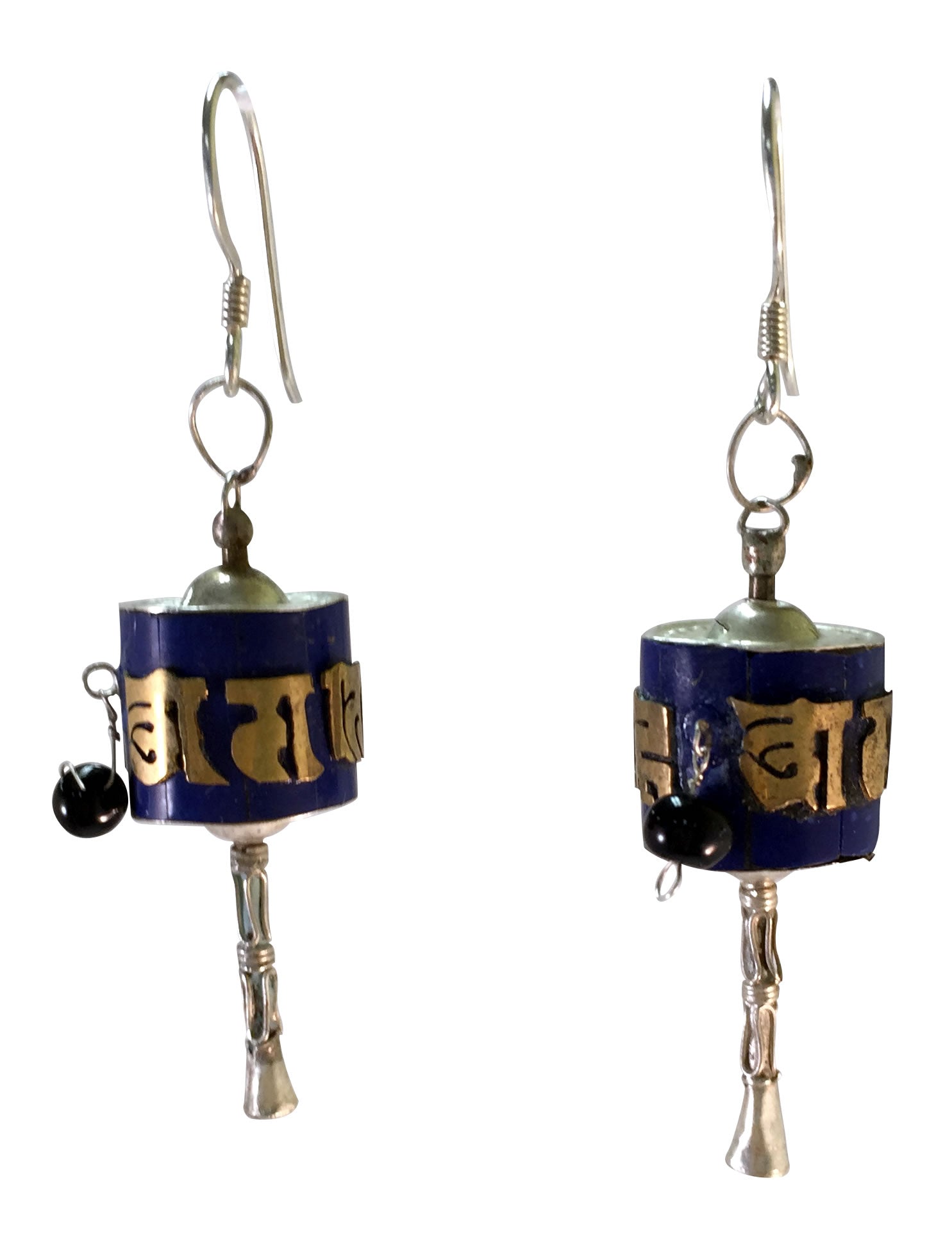 TIBETAN PRAYER WHEEL EARRINGS Sterling Silver with Lapis Lazuli
