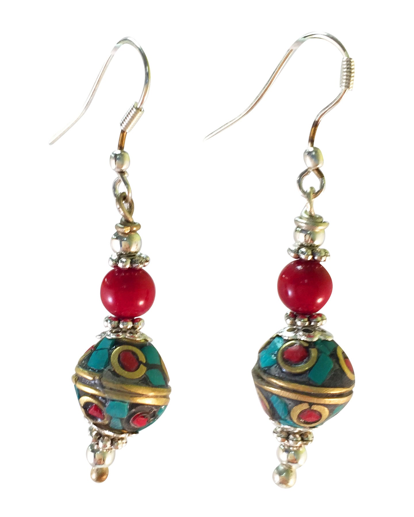 TIBETAN BEADED EARRINGS with Coral