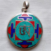 TIBETAN OM YANTRA Silver Pendant with Turquoise & Lapis 