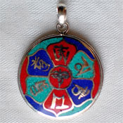 OM MANI PADME HUM Turquoise, Lapis & Coral Silver Pendant