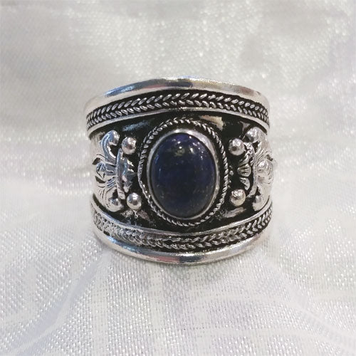 THREE STONES RING - Silver Plated with Lapis and Turquoise Stones- Adjustable