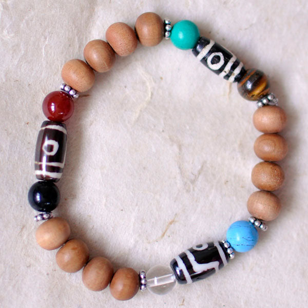 SANDALWOOD & DZI BEADS CHAKRA BEADS Stretch Wrist Mala Bracelet