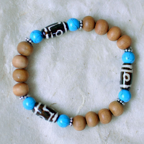 SANDALWOOD & DZI BEADS WITH TURQUOISE Stretch Wrist Mala
