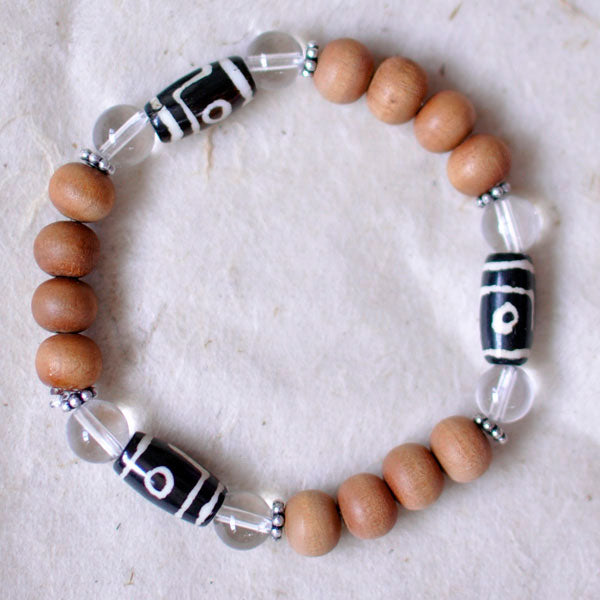 SANDALWOOD & DZI BEADS WITH CRYSTAL Stretch Wrist Mala Bracelet.