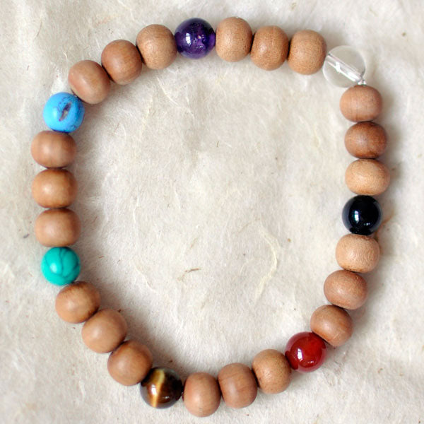 SANDALWOOD WITH CHAKRA GEMSTONES Wrist Mala