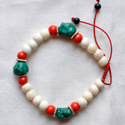 WHITE YAK BONE BRACELET with 3 Turquoise Beads and Coral
