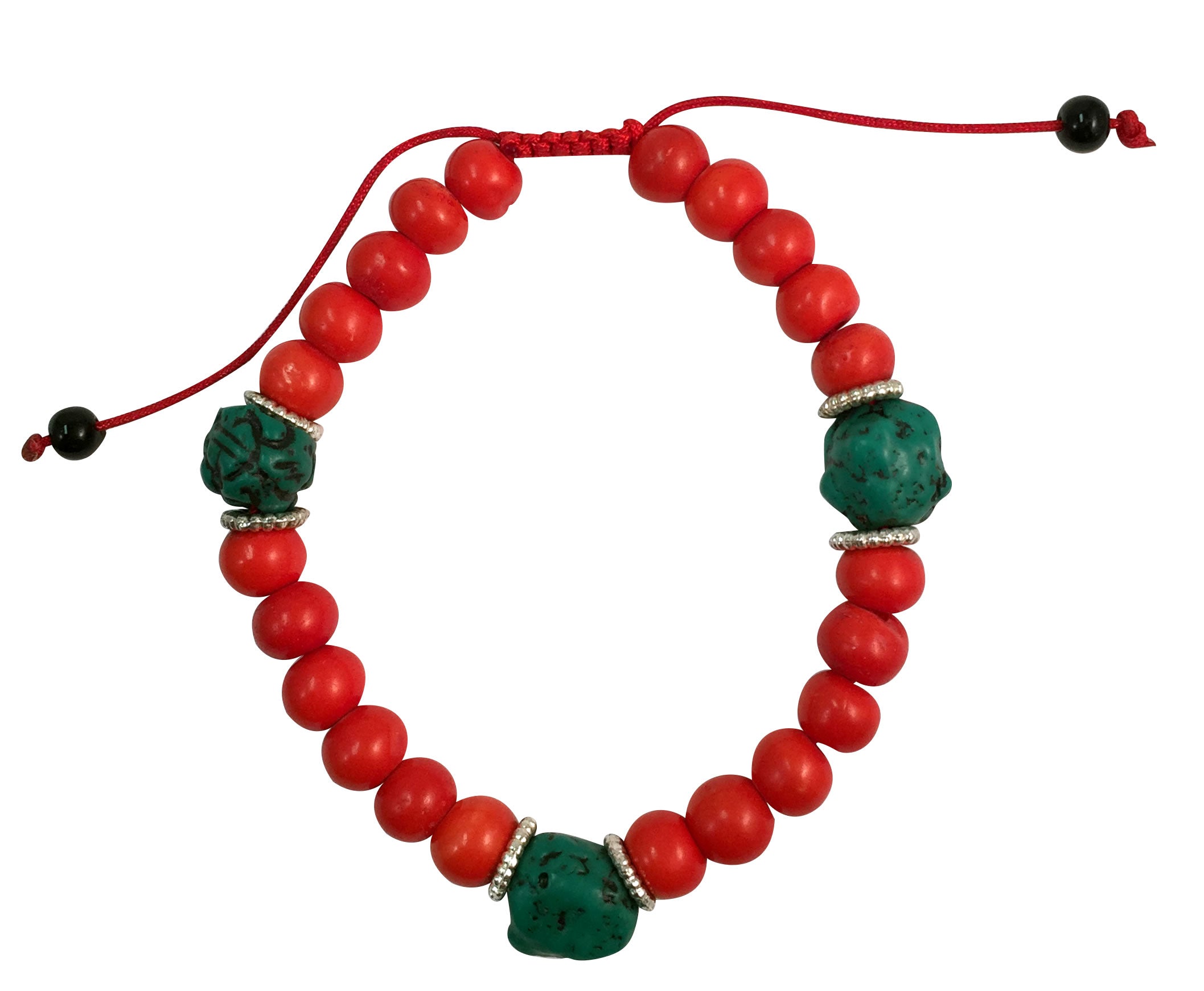 TURQUOISE AND CORAL Tibetan Bracelet with Adjustable Cord