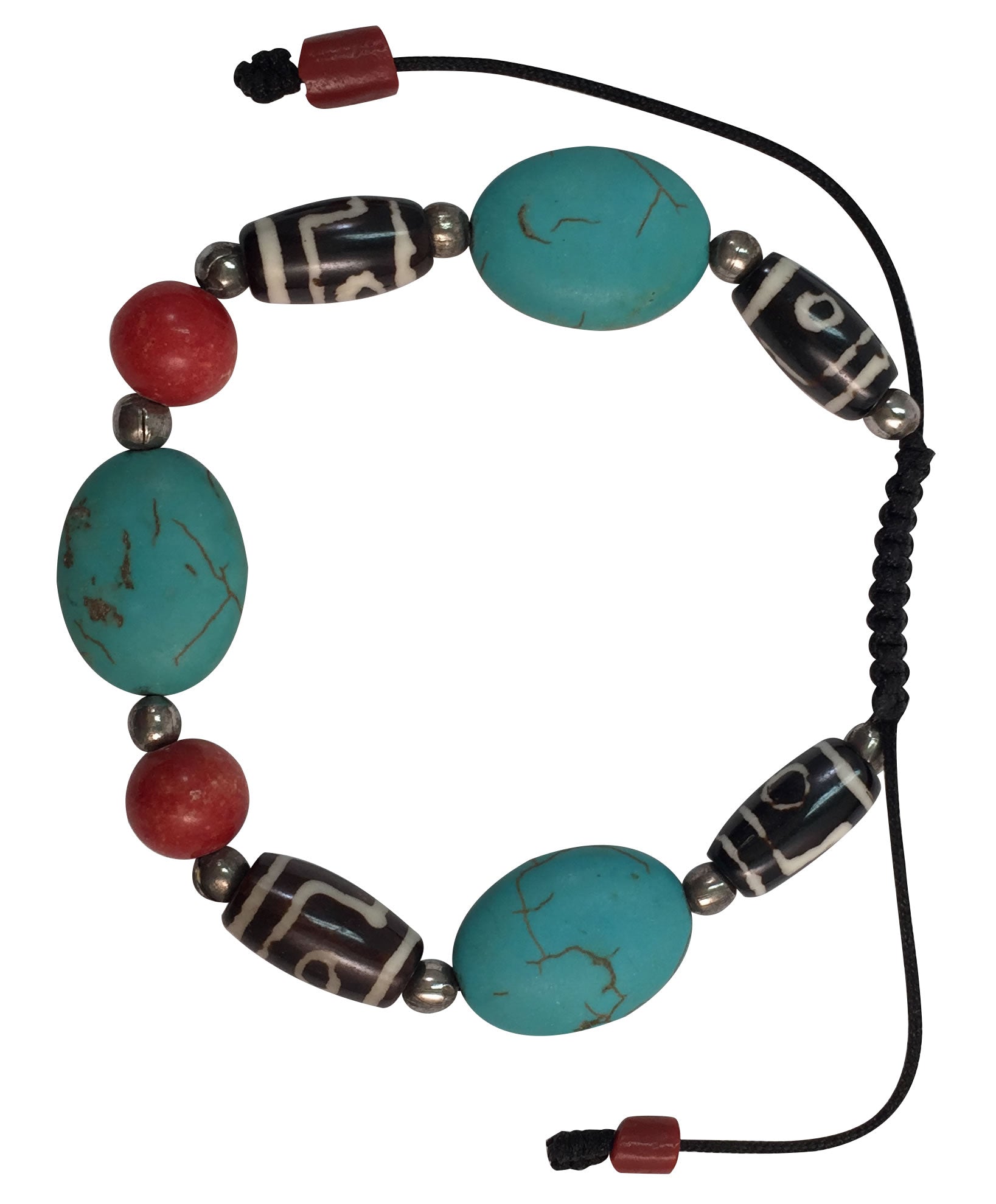 DZI BEADS, PRESSED TURQUOISE & CORAL MALA