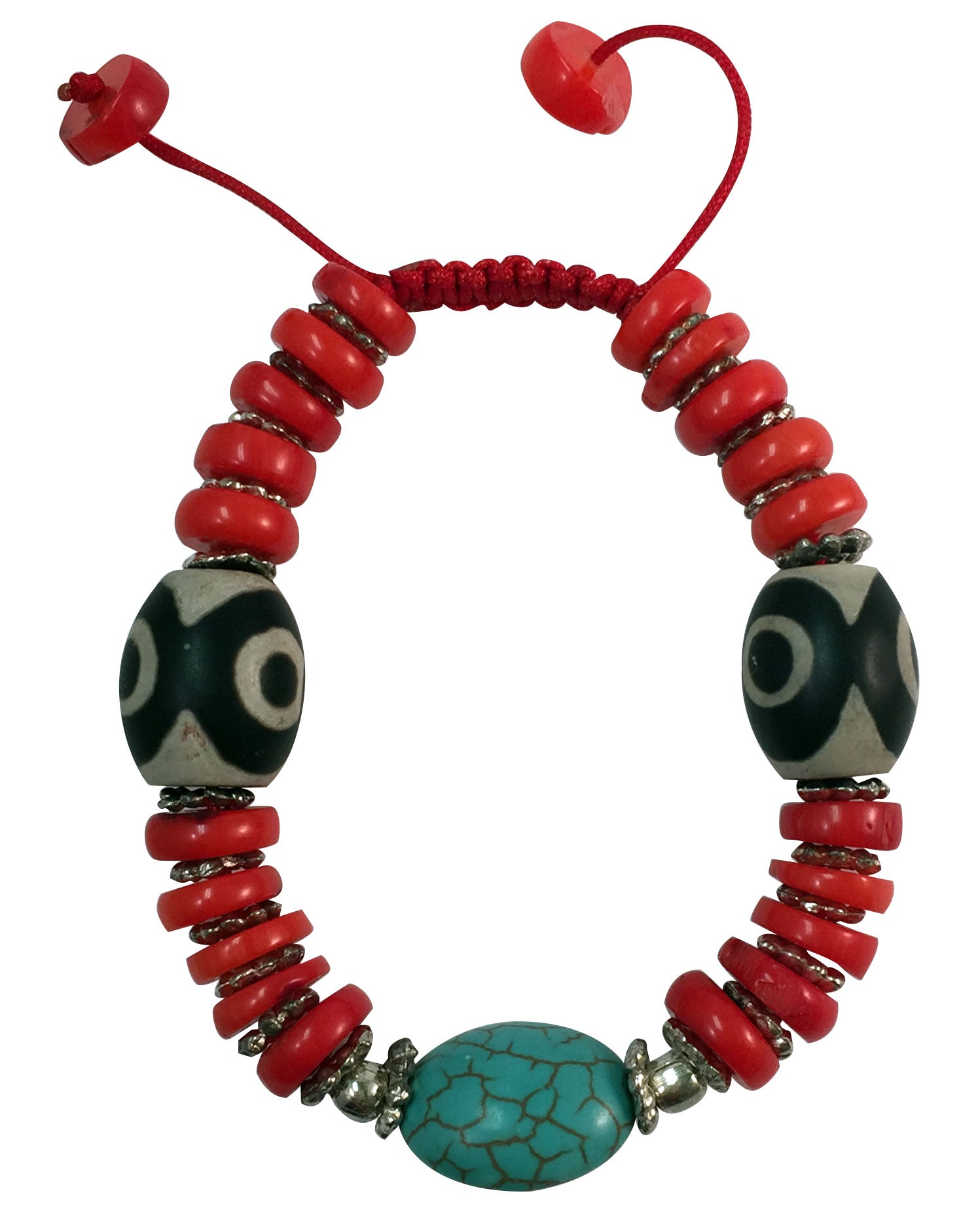 DZI BEADS, TURQUOISE & FLAT CORAL BRACELET WITH ADJUSTABLE CORD 