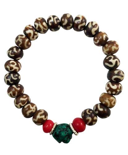 OM Beads with Turquoise and Coral - Stretch Cord Wrist Mala