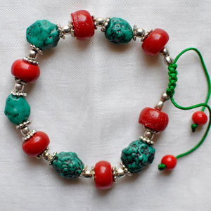 TURQUOISE AND CORAL Tibetan Bracelet with Adjustable Cord