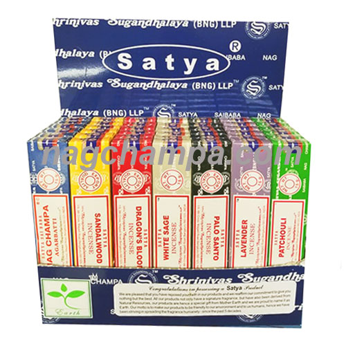 best of Satya incense display, 42 boxes.